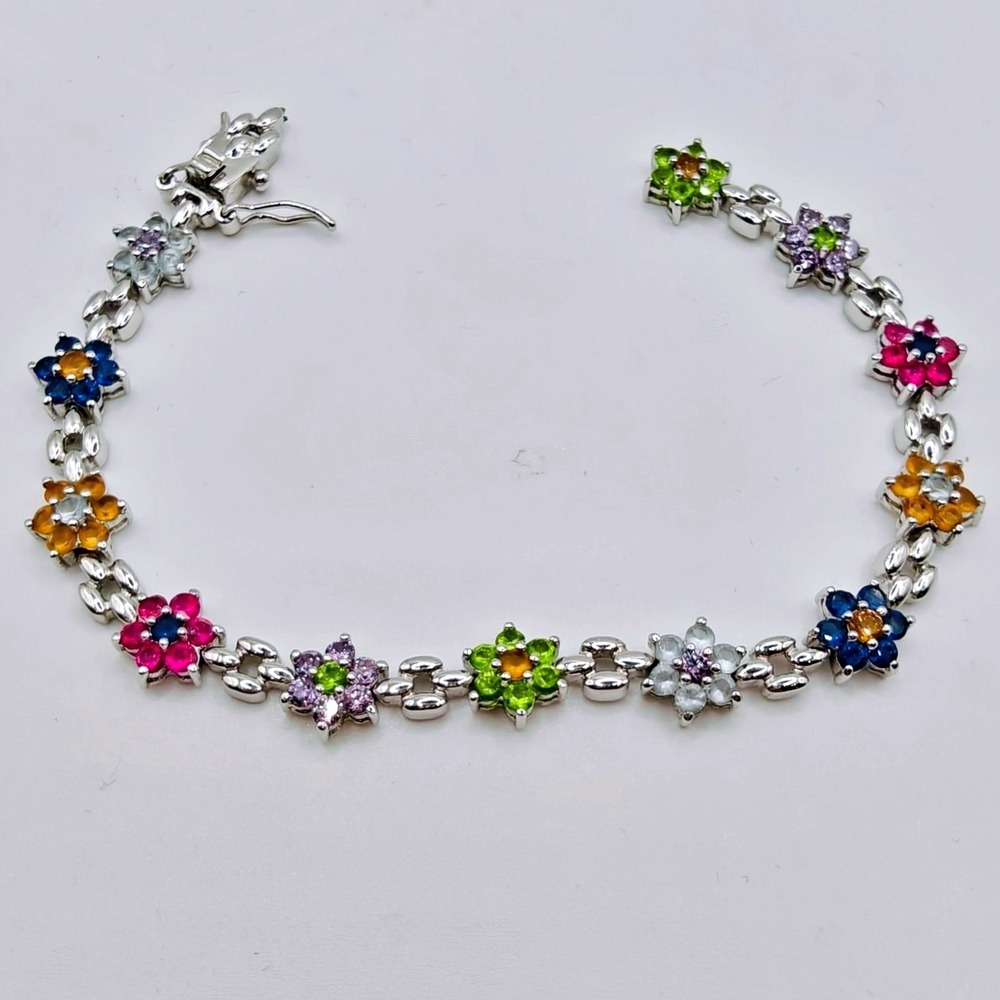 FAS 925 Sterling Silver Multi Gemstone Flower Tennis Bracelet 7.25" Rainbow